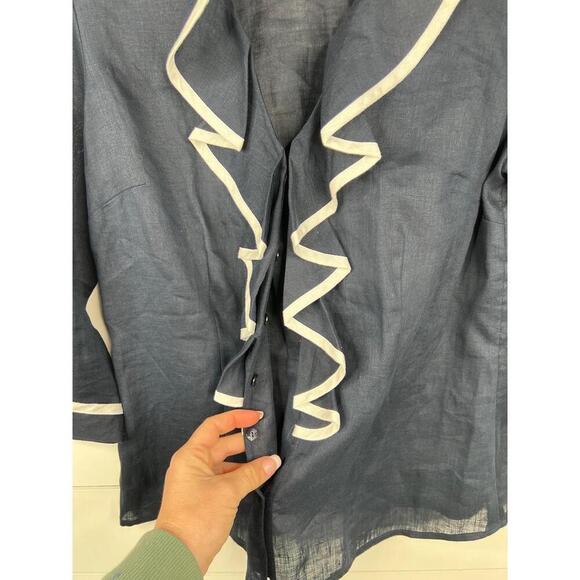 Talbots Ruffle Front Blue Linen Blouse 3/4 Sleeves Contrast Trim Womens Size 8 - Picture 9 of 12